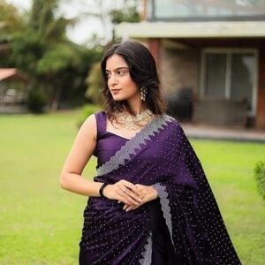women's hot fix solid color satin moss saree with unstitched blouse material