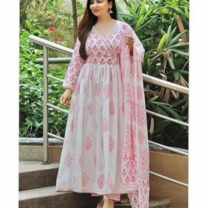 Women's meera fab women's cotton printed white anarkali kurta with palazzo & dupatta set
