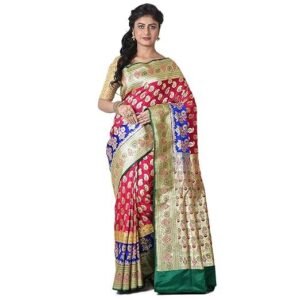 Women's aishani collection woven pure katan silk minakari banarasi wedding saree with bp (pink, blue)