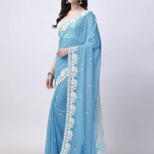 Women's hesvi women's georgette embroidery border work saree with blouse piece