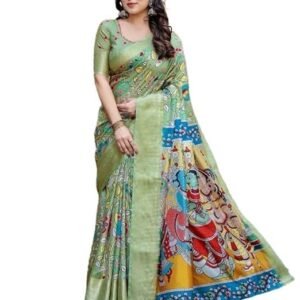 women's tussar silk kalamkari printed saree with unstitched blouse piece
