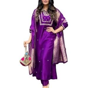 women's silk blend straight embroidered kurta with pant & dupatta
