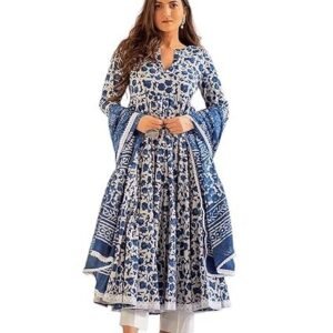 Women's meera fab women's cotton printed anarkali kurta with palazzo & dupatta set