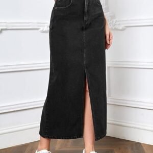 women's & girl's solid high waist slit below the knee denim skirt