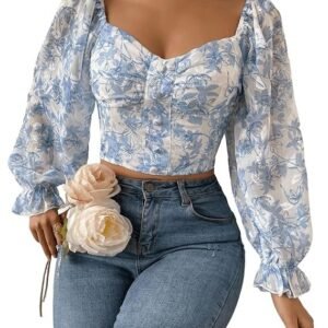 women's sweetheart neck bishop sleeve floral print crop top