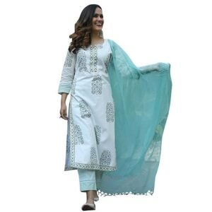 Women's women pure cotton printed straight kurta with pant & dupatta suit