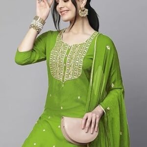 women's cotton blend embroidered straight kurta with pant & dupatta