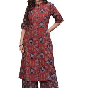 Women's rytras women's pure cotton printed a-line kurta set with palazzo pants - ethnic wear, maroon
