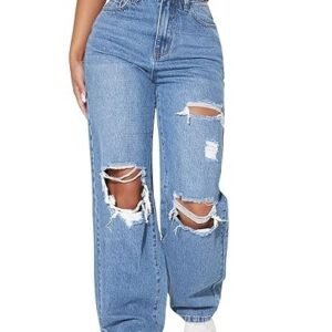 Women's mulvari solid high waist ripped straight leg pant & trouser for women's & girl's