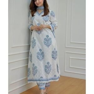 women's cotton printed floral straight kurta with palazzo pants and dupatta