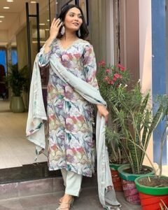 women's cotton blend straight printed kurta with pant & dupatta