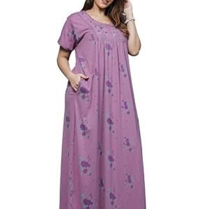 Women's 9shines label stylish cotton blend nighty maxi for women | full length trendy nightgown | premium nightdress | nightwear | embroidery nighty with pocket (5256)