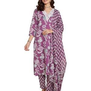 women's blend regular cotton rich printed kurta pant set with dupatta