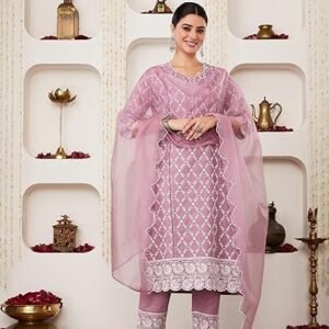 women's blend regular embroidered cotton kurta pant set with organza dupatta