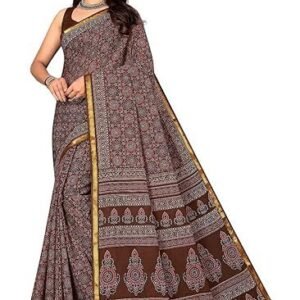 Women's sk sarees women's printed cotton saree with unstitched blouse piece | ajrakh printed saree | pure cotton mul mul printed saree | zari border with blouse piece | 100% cotton saree (brown)