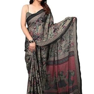 Women's fashion women's plain weave chiffon ethnic motif printed saree with blouse piece