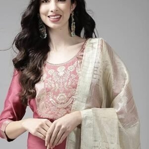 Women's indo era women's cotton blend yoke design straight kurta pant with dupatta set