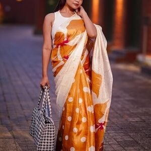 Women's womne's art silk printed and polka dot saree with blouse piece