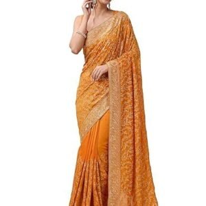 Women's trendmalls women's vichitra silk embroidery, siroski stone work saree with unstitch blouse piece