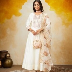 women's solid straight embroidered kurta pant set with organza dupatta
