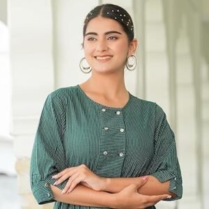 Women's gallery women's kantha cotton striped printed 3/4 sleeve round neck straight short kurta tops