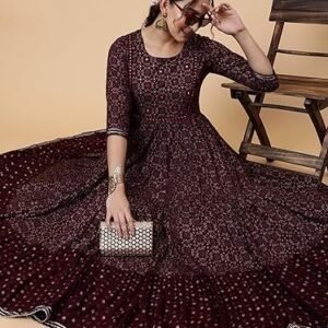 Women's ethnic printed cotton blend anarkali dress, burgundy, 3/4 sleeve, round neck, fit & flare