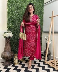 women's rayon viscose straight bandhej printed kurta with pant & dupatta