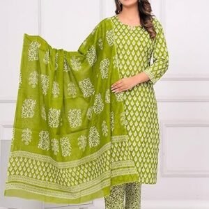 Women's meera fab women's cotton printed straight kurta with palazzo & dupatta set