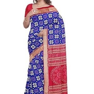 Women's odikala sambalpuri silk saree with blouse piece, blue base with flower design, red pallu and border