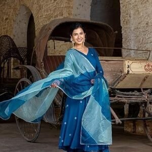 women's cotton blend anarkali embroidered kurta with pant & dupatta