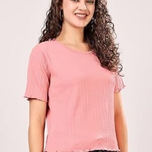 Women's slim fit textured stretchable round neck textured knit short sleeve pink crop top for women