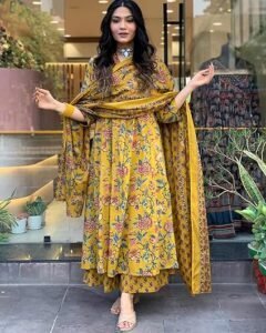 women's rayon viscose anarkali printed kurta with palazzo & dupatta