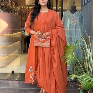 women's embroidered viscose anarkali kurta set with dupatta - orange traditional festive