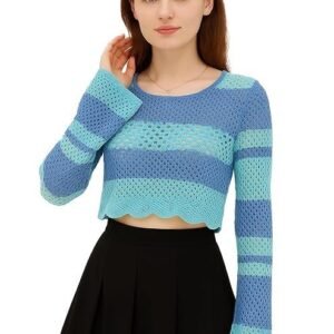 Women's icw women's korean style knitted sheer crochet long sleeve hollow out colour block print crop top t-shirt sweater (one size fit xs-s-m bust 32-36 inch) 29
