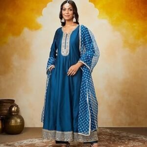 women's embroidered anarkali kurta pant set with organza dupatta