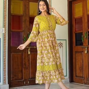 Women's gallery women's cotton floral printed anarkali maxi dress
