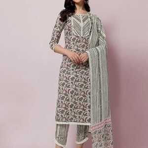 Women's fashion women's straight fit cotton floral printed and embellished kurta set with trouser pant and dupatta