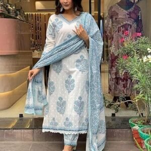 Women's nermosa women cotton block printed kurta pant with dupatta