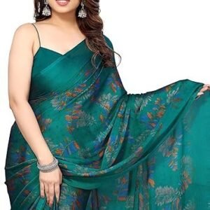 Women's fashion women's stylish chiffon leaf printed saree with blouse piece