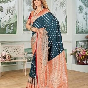 Women's mehrang women's banarasi silk kanjivaram saree for wedding with pure zari work, woven design, with unstitched blouse piece