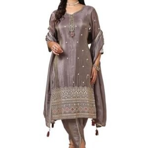 Womens Grey Tissue Suit Set With Stones And Sequins