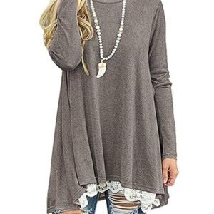 Women's Crew Neck Long Sleeve Lace Splicing Swing Shirt Dresses Long Tunic Blouses Shirts for Leggings (XL, Gray)