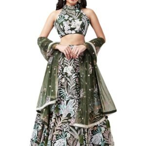 Women's Net Sequins Embroidered Soft Net Semi Stitched Lehenga Choli With Dupatta (6032-Green-Wedding-Stylish-Lehenga-Choli-Latest; Free Size)